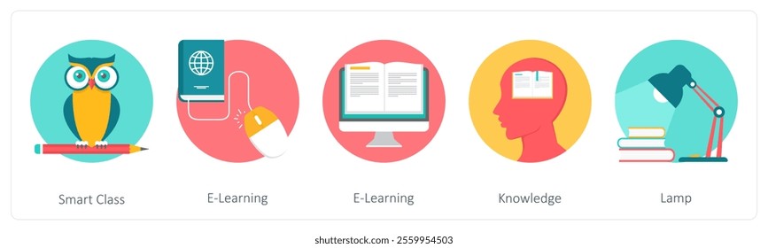 A set of 5 education icons as smart class, e learning, knowledge