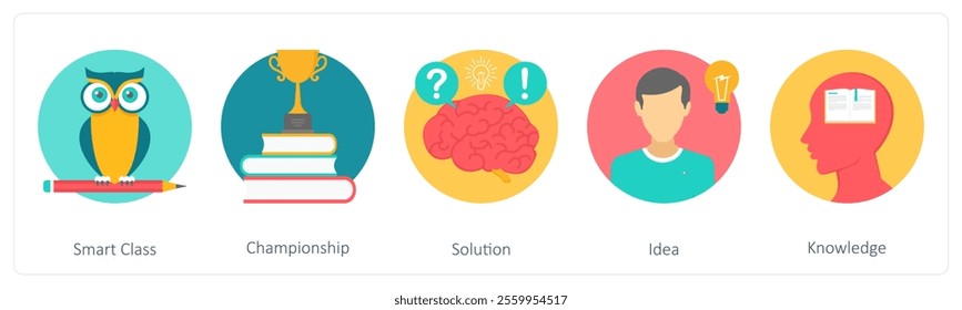 A set of 5 education icons as smart class, championship, solution