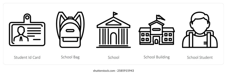 A set of 5 education icons as student id card, school bag, school