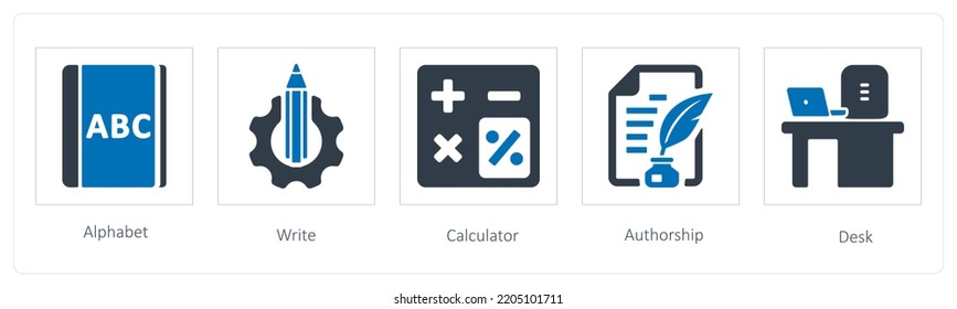 A set of 5 Education icons such as alphabet, write and calculator