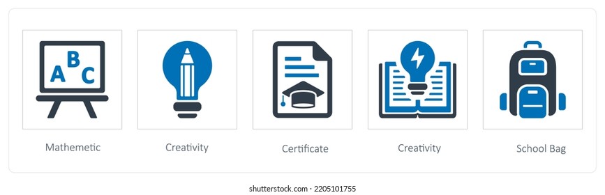A set of 5 Education icons such as methamatics, creativity and certificate
