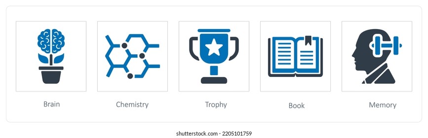 A Set Of 5 Education Icons Such As Brain, Chemistry And Trophy