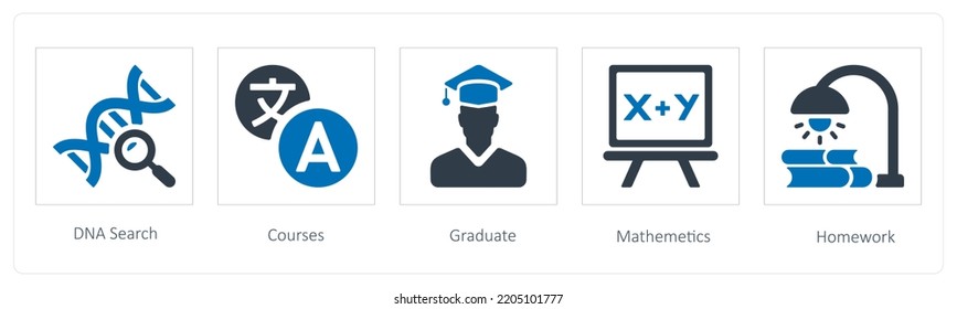 A set of 5 Education icons such as dna search, courses and graduate