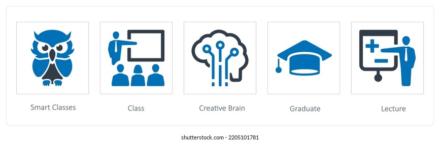 A set of 5 Education icons such as smart class, class and creative brain