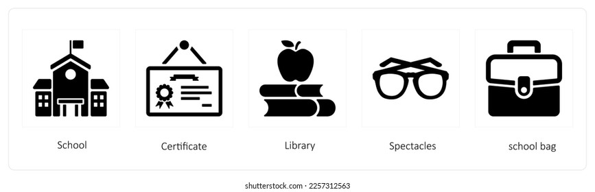 Un conjunto de 5 íconos educativos como escuela, certificado y biblioteca