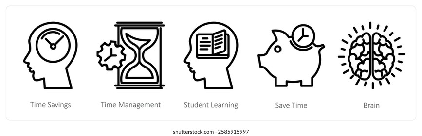 A set of 5 education icons as time savings, time management, student learning