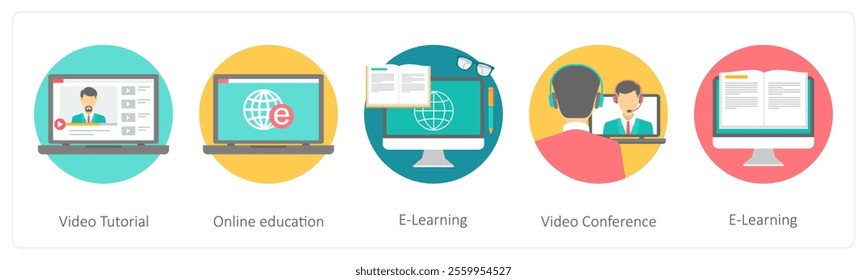 A set of 5 education icons as video tutorial, online education, e learning