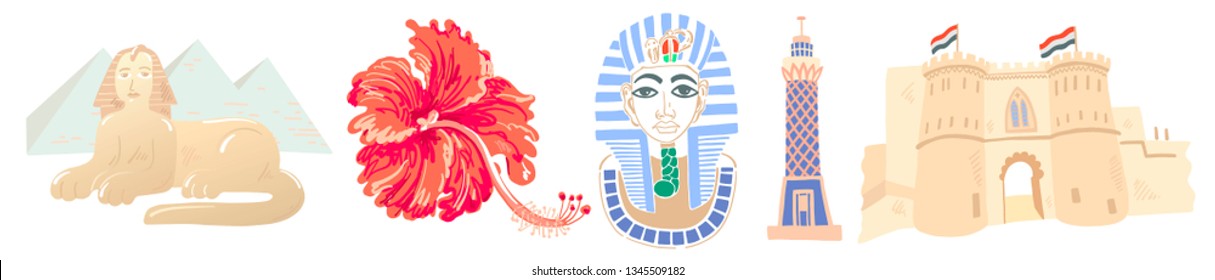 set of 5 egyptian icon great symbols - pyramids and sphinx, hibiscus, mask of pharaoh tutankhamun, Cairo tower and Cairo citadel, vector illustration collection