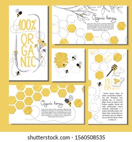 Set of 5 elegant minimalistic card templates for different purposes.Elegant minimalistic hand drawn vector illsutration of bees, wild flowers, honeycoms and hexagons. with place for text.