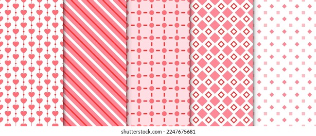 Set of 5 Elegant Seamless Pattern with Pink Decorative Elements for Gift Wrap Paper, Fabric, Card, Background
