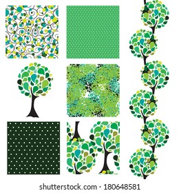 set of 5 elegant seamless patterns with decorative green trees, dots and abstract flowers, design elements