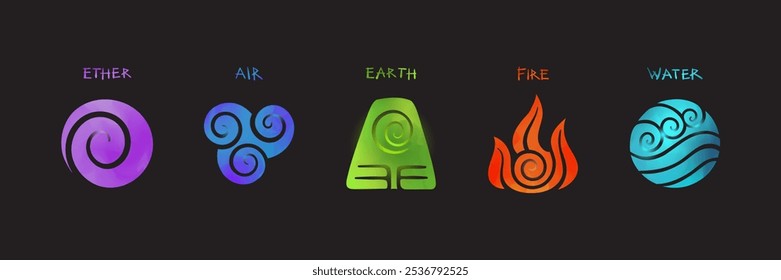 Set of 5 elemental symbols ether purple spiral, air blue swirls, earth green geometric shape, fire orange flame, and water turquoise waves. Each with distinct patterns, hand drawn in vector.