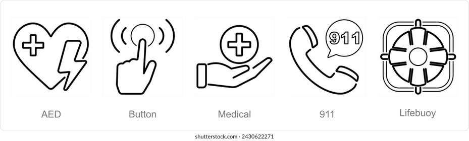 A set of 5 Emergency icons as aed, button, medical
