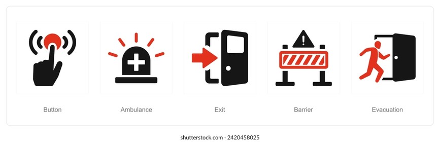 Un conjunto de 5 iconos de emergencia como botón, ambulancia, salida