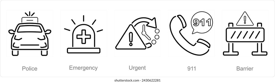 A set of 5 Emergency icons as police, emergency, urgent