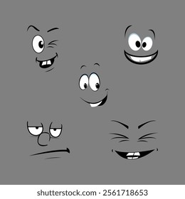 A set of 5 emoticons. Cartoon eyes and mouth. Facial expressions.