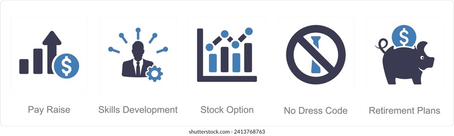 A set of 5 Employee Benefits icons as pay raise, skills development, stock option