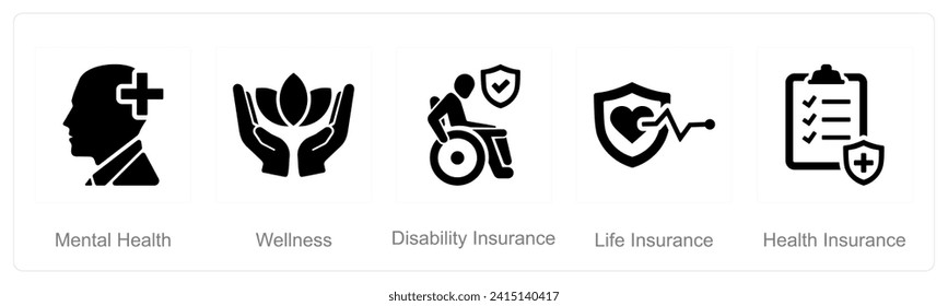 A set of 5 Employee Benefits icons as mental health, wellness, disability insurance svg