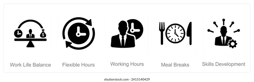 A set of 5 Employee Benefits icons as work life balance, flexible hours, working hours