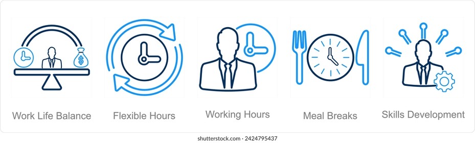 A set of 5 Employee Benefits icons as work life balance, flexible hours, working hours