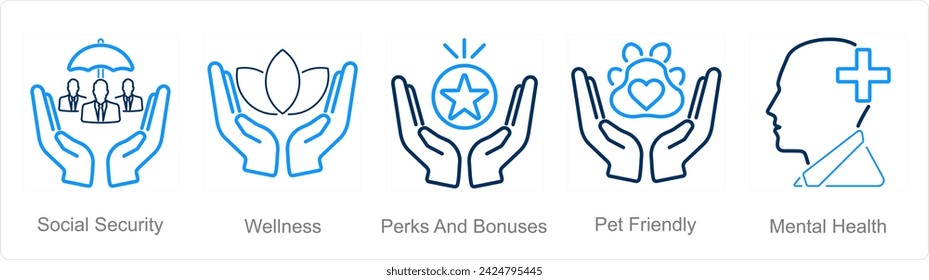 A set of 5 Employee Benefits icons as social security, wellness, perks and bounses