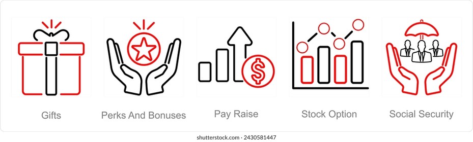 A set of 5 Employee Benefits icons as gifts, perks and bounses, pay raise