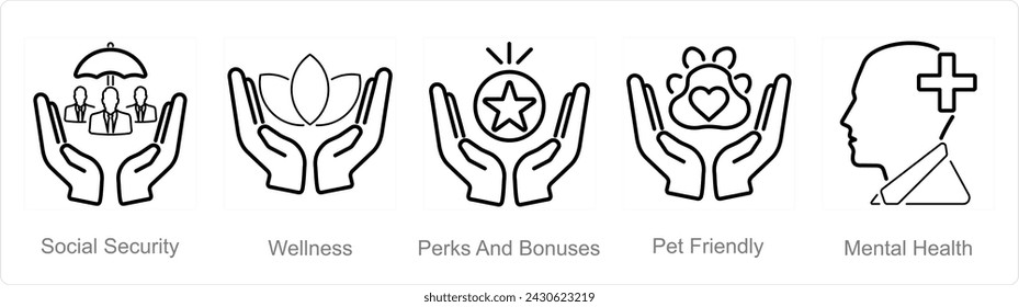 A set of 5 Employee Benefits icons as social security, wellness, perks and bounses