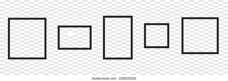 Set of 5 empty frames on transparent background. Black empty frames icon set