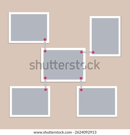 Set of 5 empty photo cards united with ropes. Mockup for photos, collages, cards, presentation. Creative Blank template. Photo frames with white frame on beige background. EPS10. 