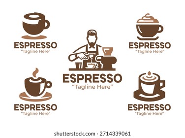 Ein Satz von 5 Espresso-Bar-Logo-Designs für Coffeeshops und Getränkemarken erstellt. Ideal für Café-Branding, Beschilderung und Premium-Getränke-Unternehmen.