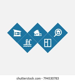 Set of 5 estate icons set. Collection of house, search, key and other elements.
