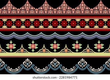 Set 5 Ethnic Seamless borders and flower ornament, motif draws working illustration flowers and 
ornament motif India design elements Neckline pattern or, repeat the floral texture