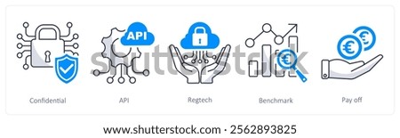 A set of 5 Euro icons as confidential, api, regtech