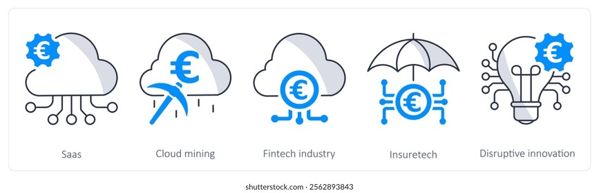 A set of 5 Euro icons as saas, cloud mining, fintech industry