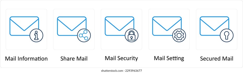 Eine Reihe von 5 zusätzlichen Symbolen wie E-Mail-Informationen, E-Mail teilen, E-Mail-Sicherheit