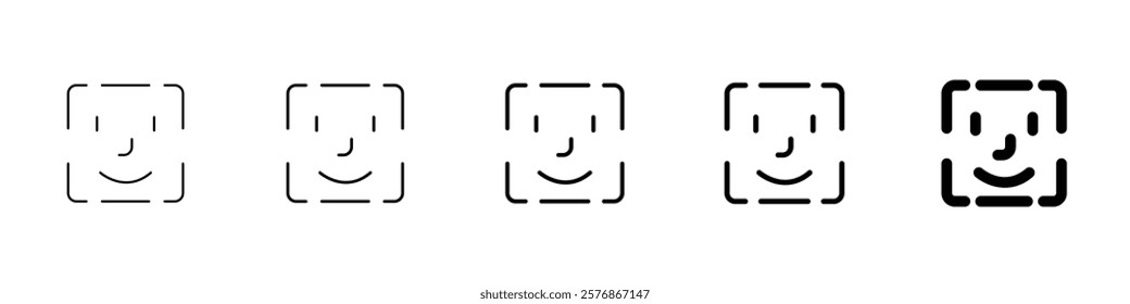 Set of 5 face recognition icons, 1 unexpanded vector, 1 silhouette, Square facial recognition scan line art vector icon for apps and websites, password, security, biometric, face id login, identity