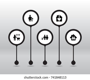 Set Of 5 Family Icons Set.Collection Of Grandma , Shopping, Family In Home Elements.