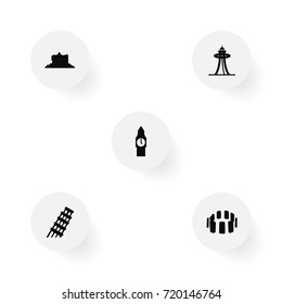 Set Of 5 Famous Icons Set.Collection Of Pisa, Prehistoric Britain, Seattle And Other Elements.