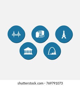 Set Of 5 Famous Icons Set.Collection Of Academy, Paris, Architecture And Other Elements.