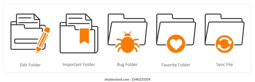 Un conjunto de 5 iconos de archivos como carpeta de edición, carpeta importante, carpeta de error