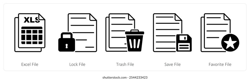 A set of 5 Files icons as excel file, lock file, trash file