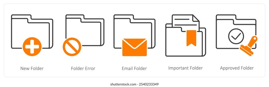 A set of 5 Files icons as new folder, folder error, email folder