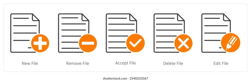 A set of 5 Files icons as new file, remove file, accept file
