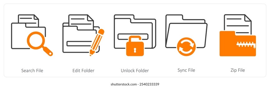 A set of 5 Files icons as search file, edit folder, unlock folder