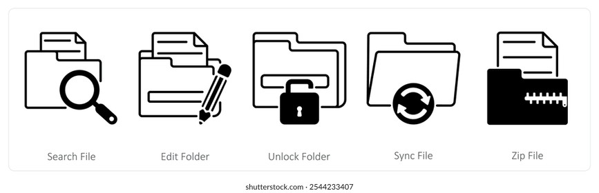 A set of 5 Files icons as search file, edit folder, unlock folder