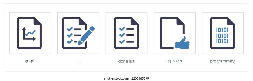 A Set Of 5 Files Icons Such As Graph, List, Done List, Approved