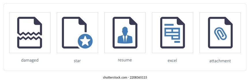 A set of 5 files icons such as damaged, star, resume