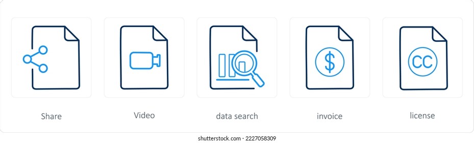 A set of 5 files icons such as share, video, data search