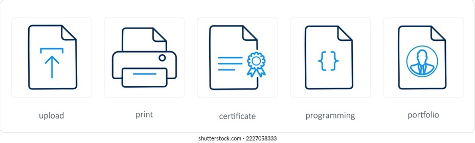 A set of 5 files icons such as upload, print, certificate