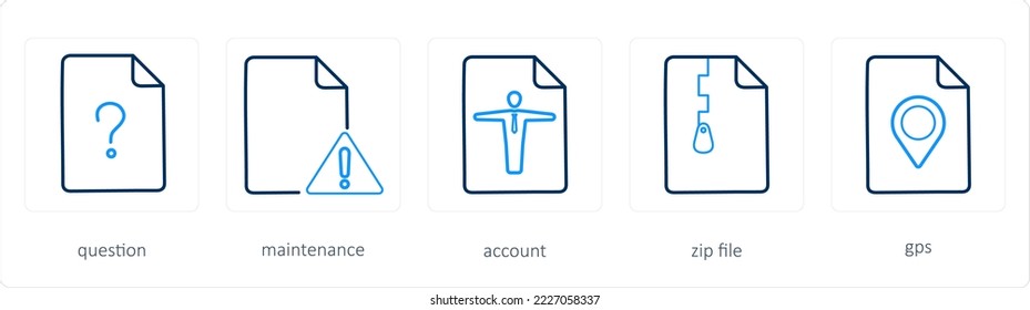 A set of 5 files icons such as question, maintenance